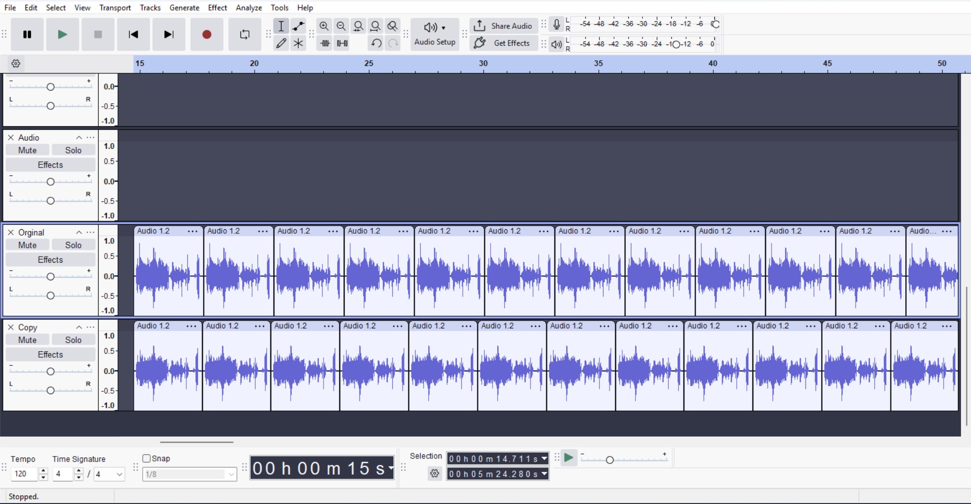 Duplicated and repeated audio clips, notice the copy has been made slightly faster and the clips no longer line up.